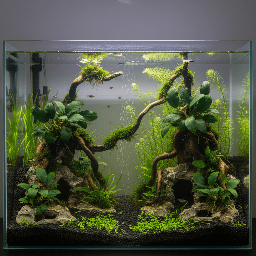 A serene aquarium with lush Anubias nana plants, colorful fish swimming around, and rocks creating a naturalistic habitat. An