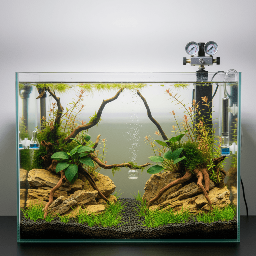 A vibrant aquarium with colorful fish swimming among plants; an aquarium CO2 system is visible along the tank's right side.
