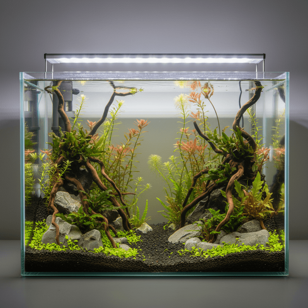 A lush freshwater aquarium with vibrant plants thriving, demonstrating effective aquarium fertilizer dosing.