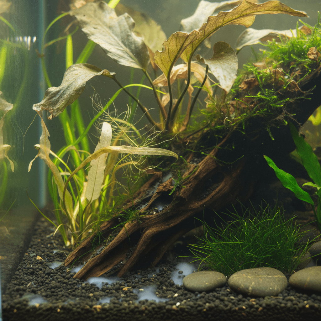 Aquarium with vibrant green plants, clear water, and visible plant melt, showing brown and translucent leaves.
