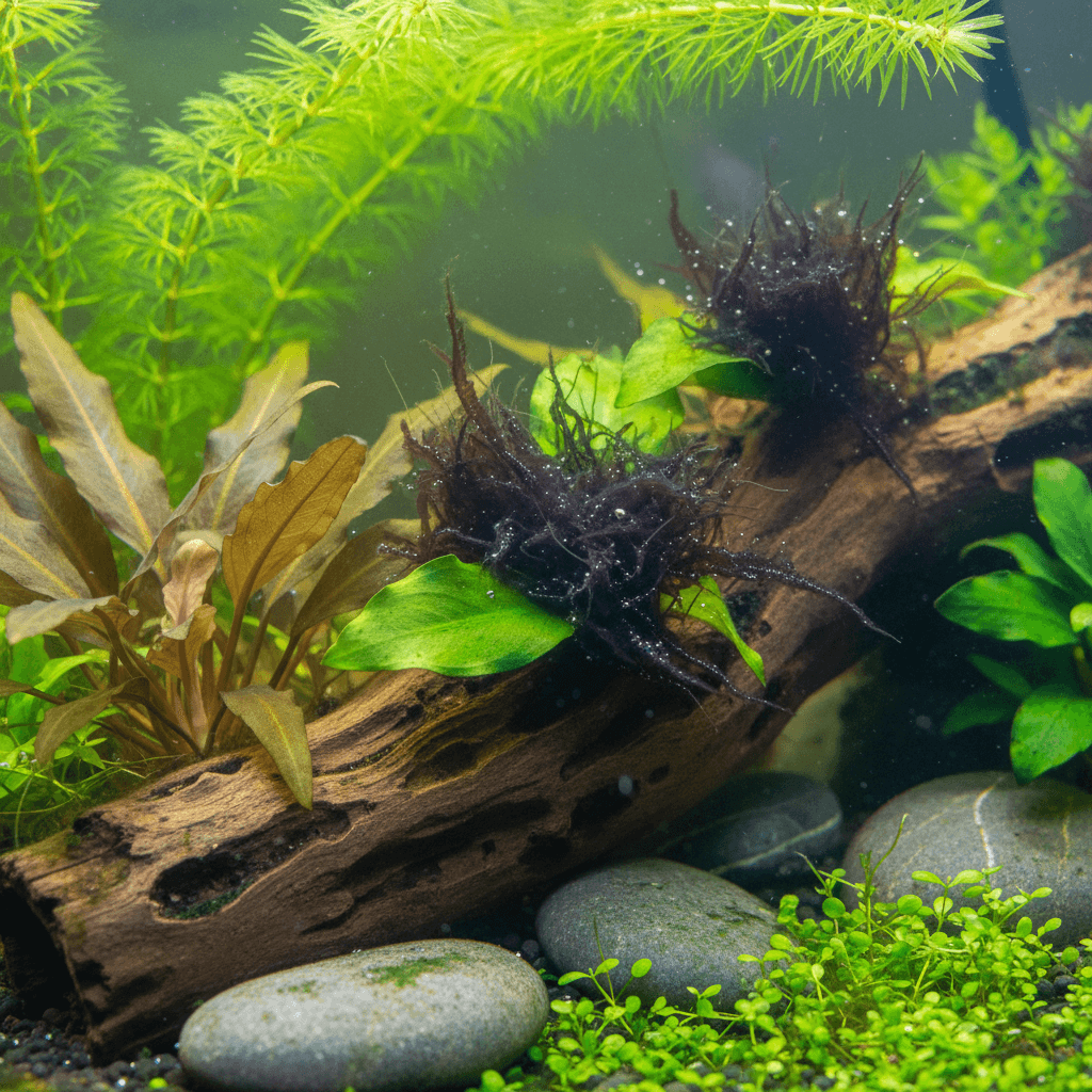 A vibrant aquarium with colorful fish swimming among plants. Black beard algae is visibly growing on rocks and decorations.