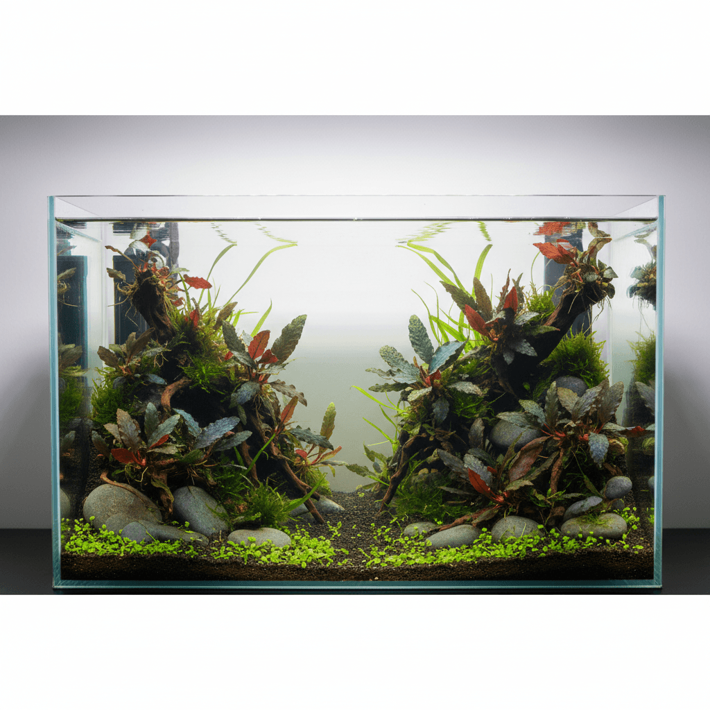 A lush aquarium with colorful fish swimming among rocks and green plants. Research bucephalandra care for vibrant aquatic flo
