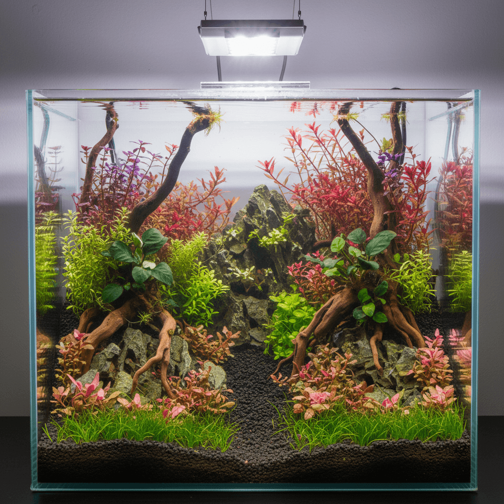 A vibrant aquarium filled with colorful fish and lush aquatic plants, illuminated by the Chihiros WRGB II LED light.