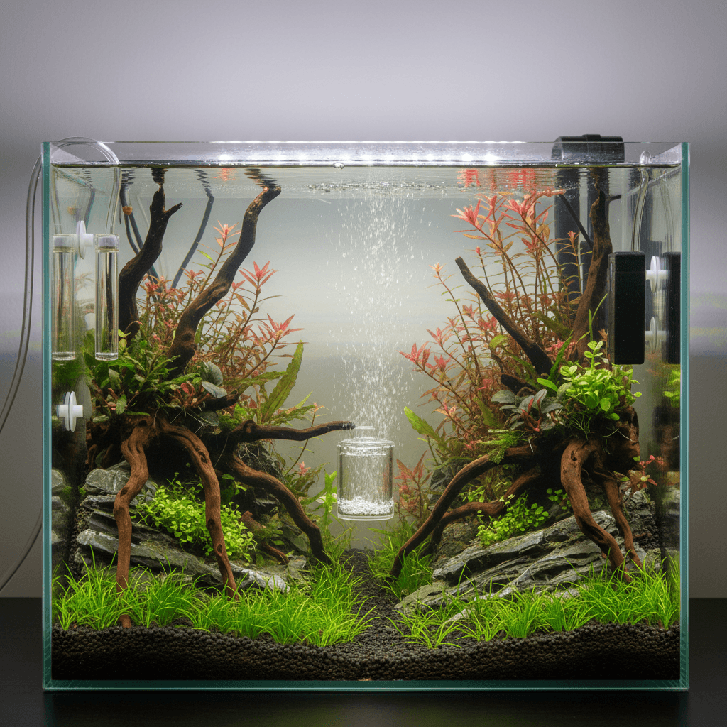 An aquarium showcases vibrant plants and fish. A CO2 diffuser vs reactor comparison is highlighted in the equipment setup.