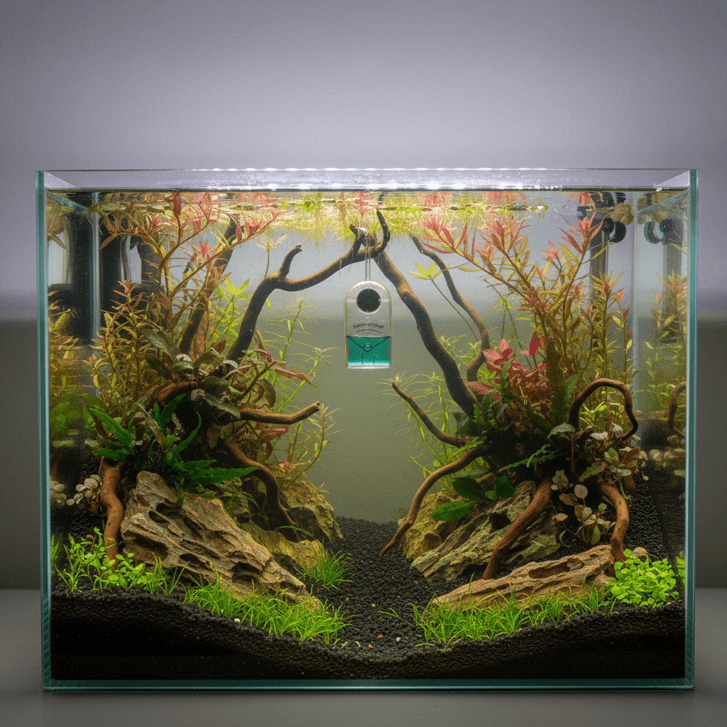 Image of a planted aquarium with vibrant green plants, colorful fish, and a visible CO2 drop checker among the foliage.
