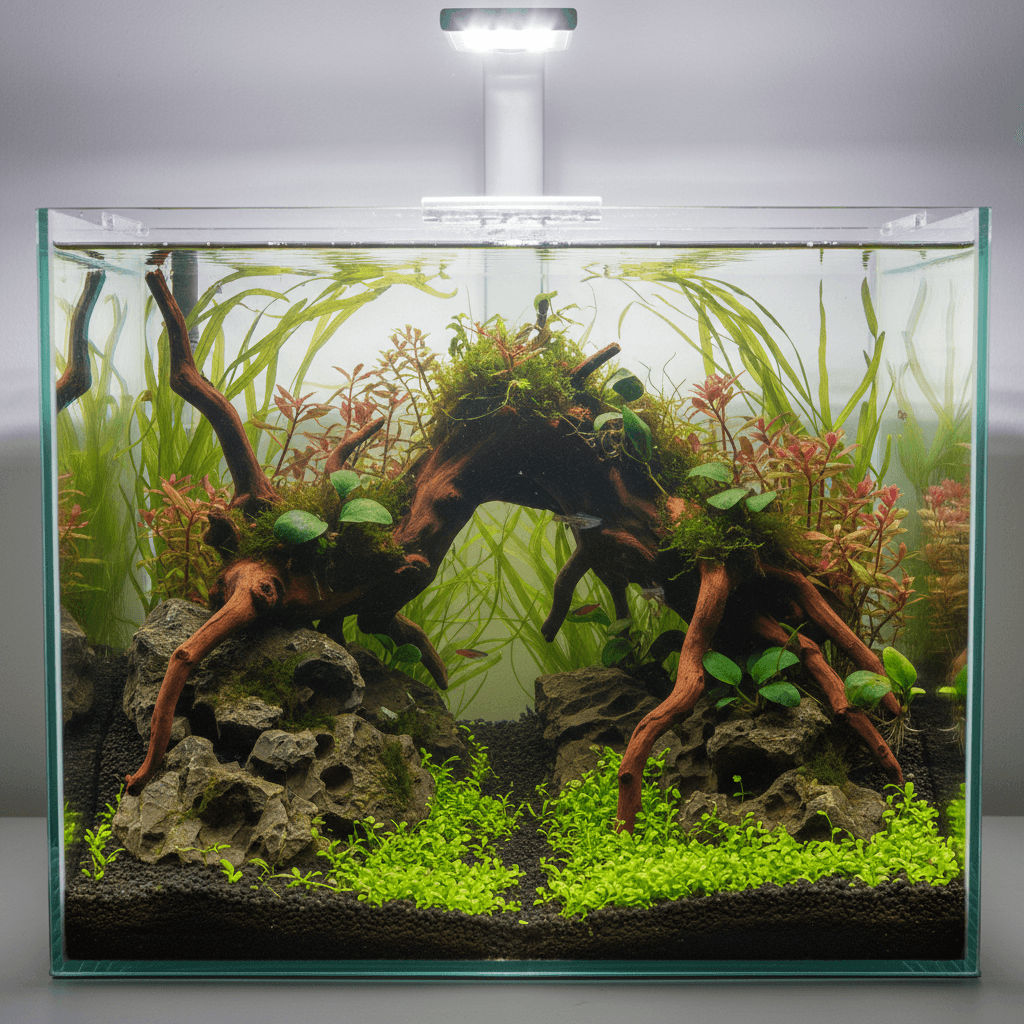 A Fluval Plant 3.0 lights the aquarium, highlighting colorful fish and lush green plants. Fluval Plant 3.0 review praises bri