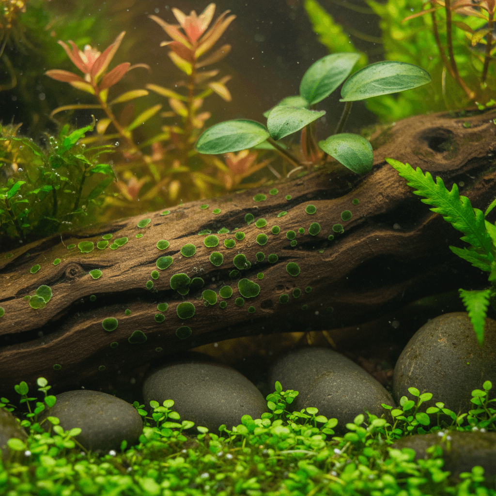 A tropical aquarium with colorful fish swimming among rocks and plants, and green spot algae visible on the glass surface.