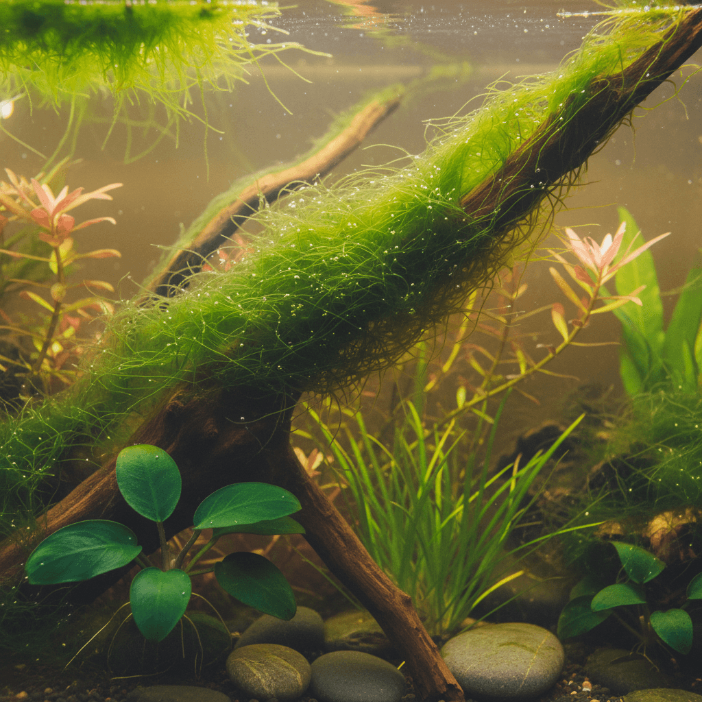 A vibrant fish swims in an aquarium with green hair algae covering rocks, creating a natural underwater environment.