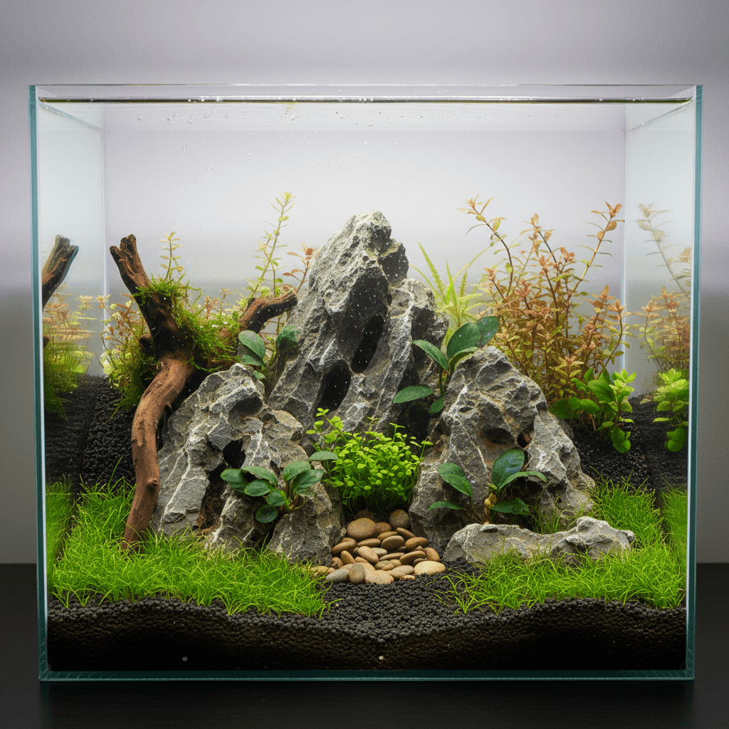 An iwagumi aquascape with colorful fish swimming around rocks and green plants in a clear aquarium tank.