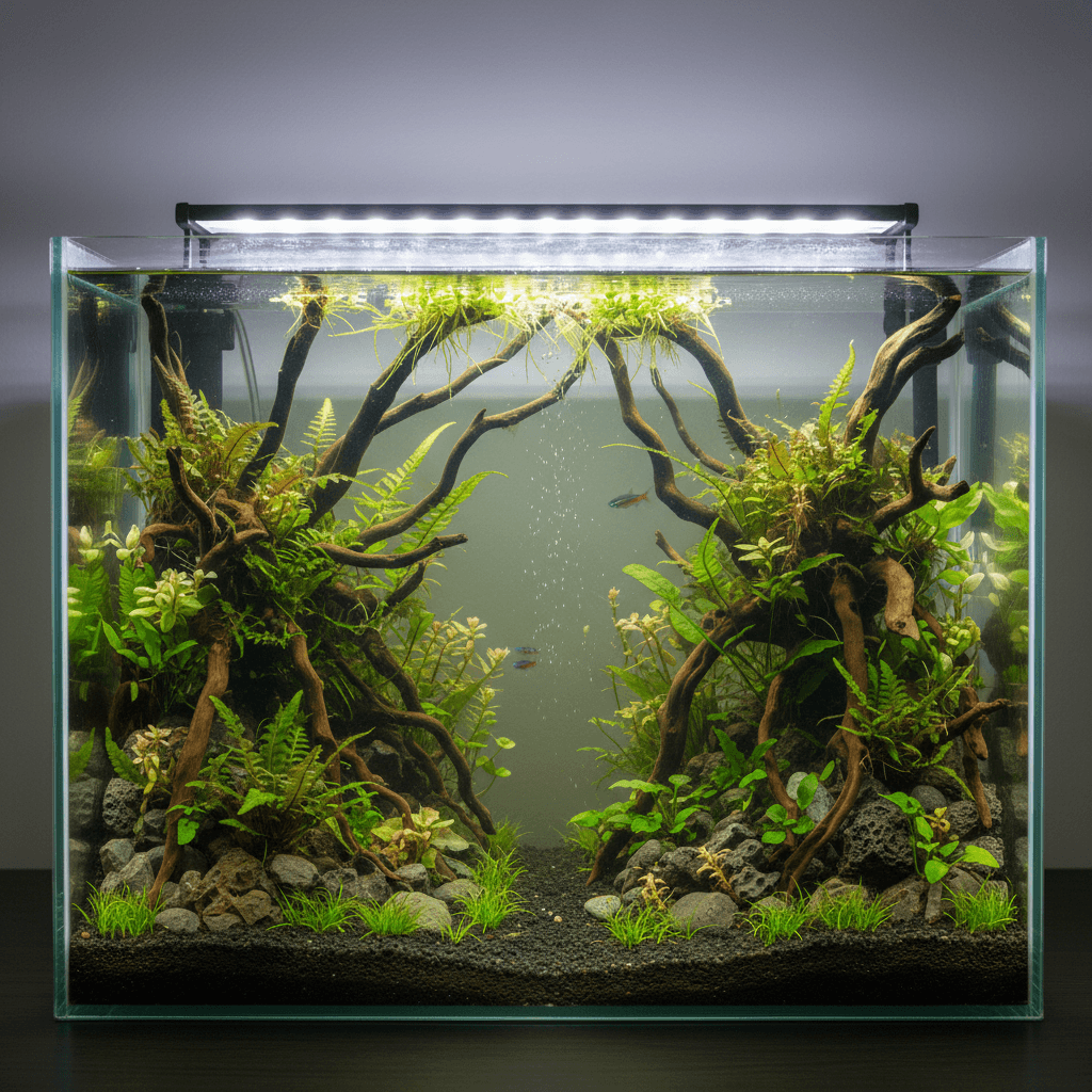 Aquarium with colorful fish swimming among rocks and lush java fern; highlights java fern care in vibrant tank setup.