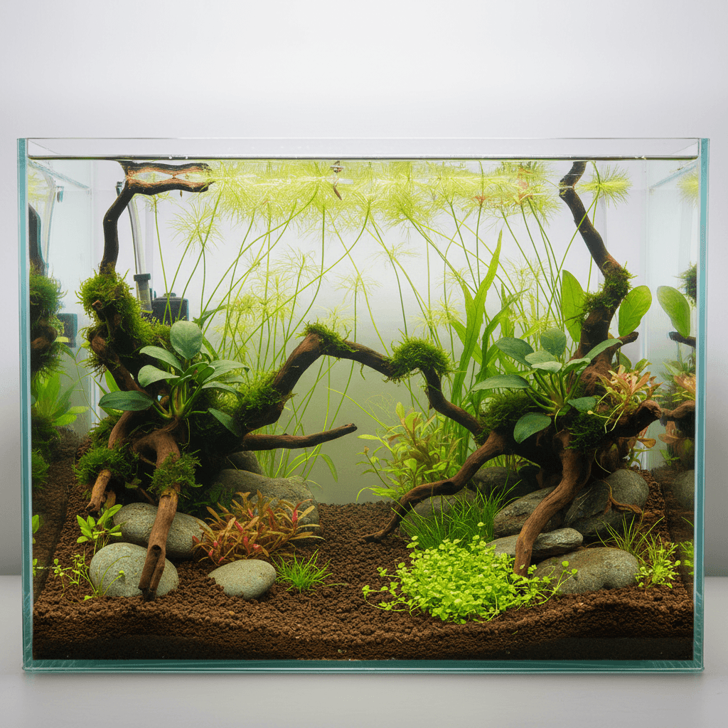 A vibrant aquarium with green plants and colorful fish. Aquasoil ammonia supports plant growth in the lush aquatic environmen