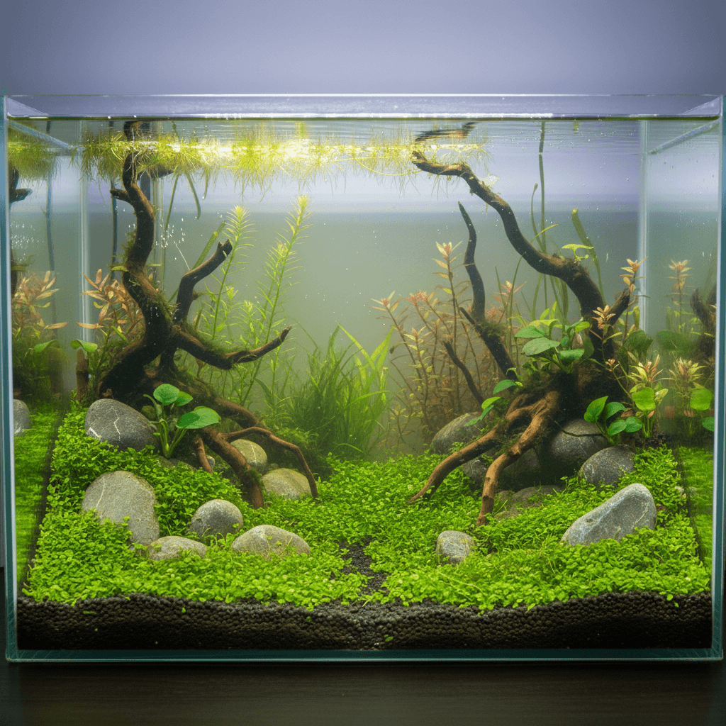 A vibrant aquarium showcases fish swimming above a lush monte carlo carpet, with rocks and plants creating a serene underwate