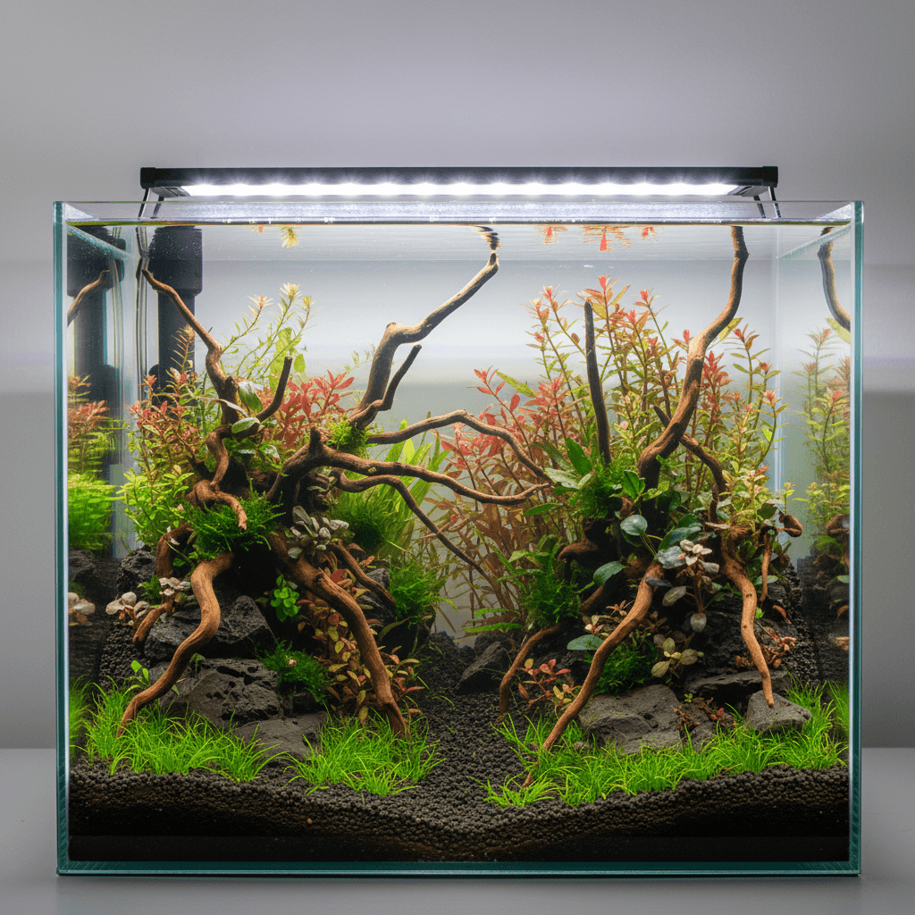 An aquarium with colorful fish, vibrant plants, and an Oase BioMaster Thermo filter. Oase BioMaster Thermo review available.