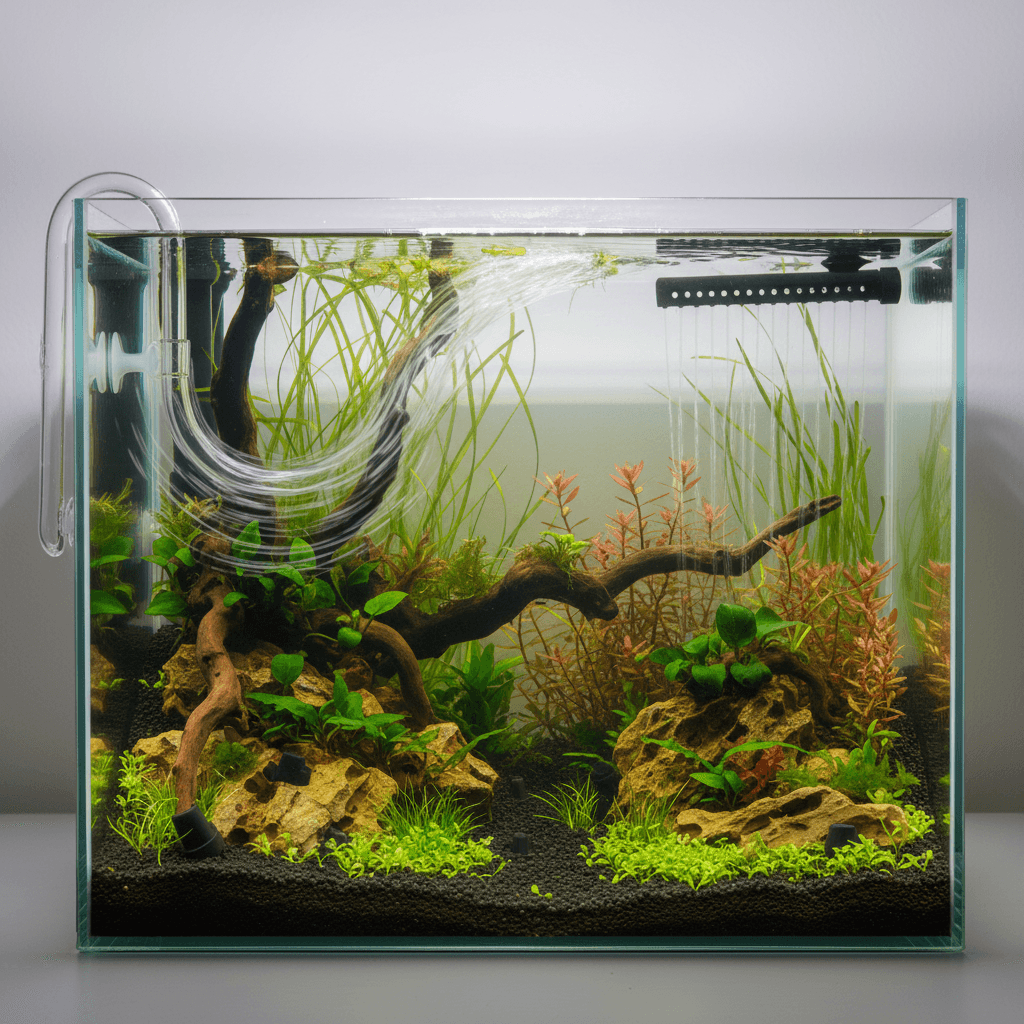 A vibrant planted tank flow features lush green plants, colorful fish, and smooth rocks creating a serene underwater scene.