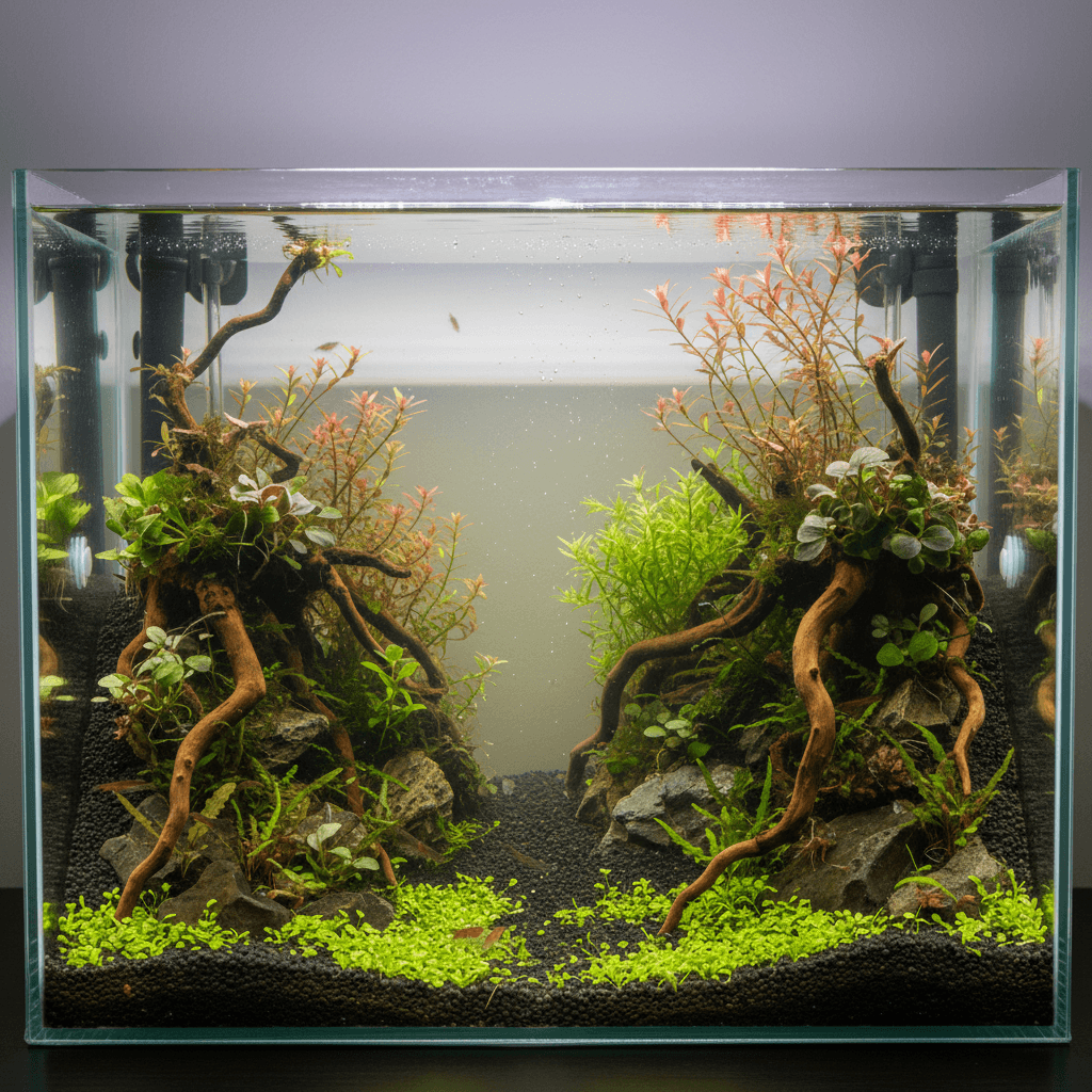 A vibrant aquarium with lush green plants is illuminated by planted tank lighting, showcasing colorful fish swimming among th