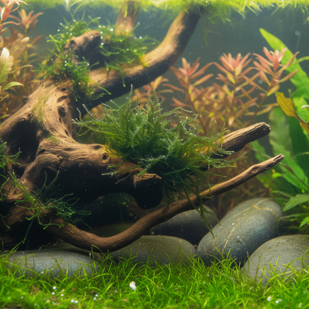 A vibrant staghorn algae aquarium with colorful fish swimming amid lush green plants and rocks.
