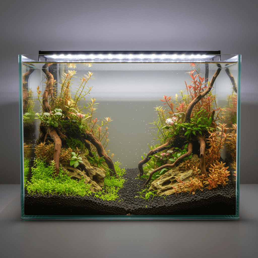 A lush aquarium with vibrant green plants showcases a comparison of Tropica Specialized vs Premium fertilization results.