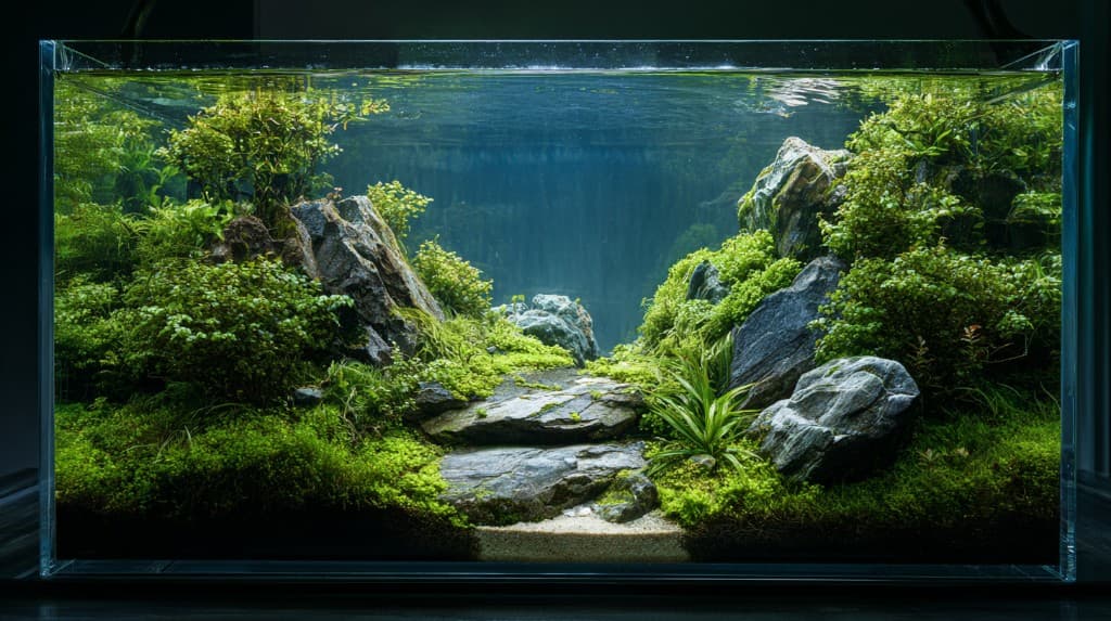 Acuario de agua dulce exuberante con diseño de valle, plantas tapiz verdes, rocas y agua cristalina