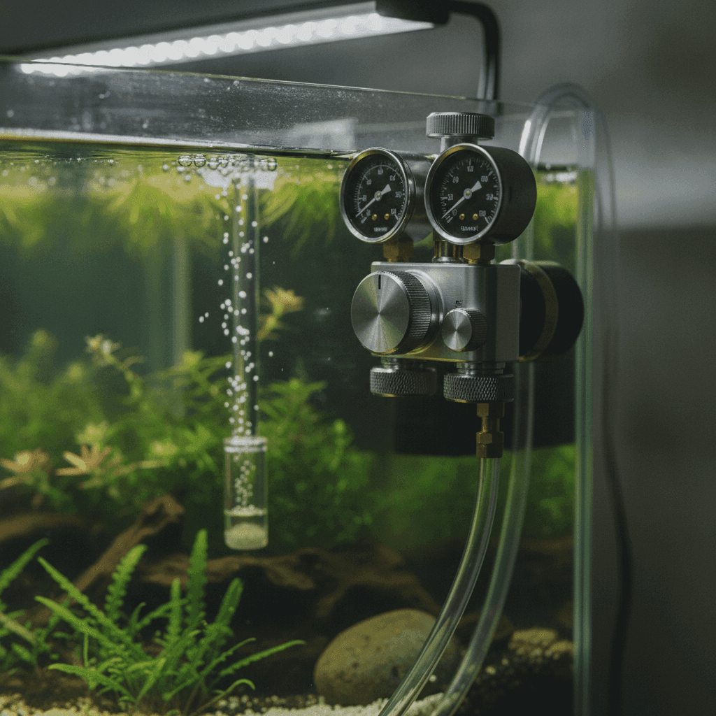 Close-up of a CO2 regulator on an aquarium, highlighting the pressure gauge and adjustment knobs for optimal plant growth.
