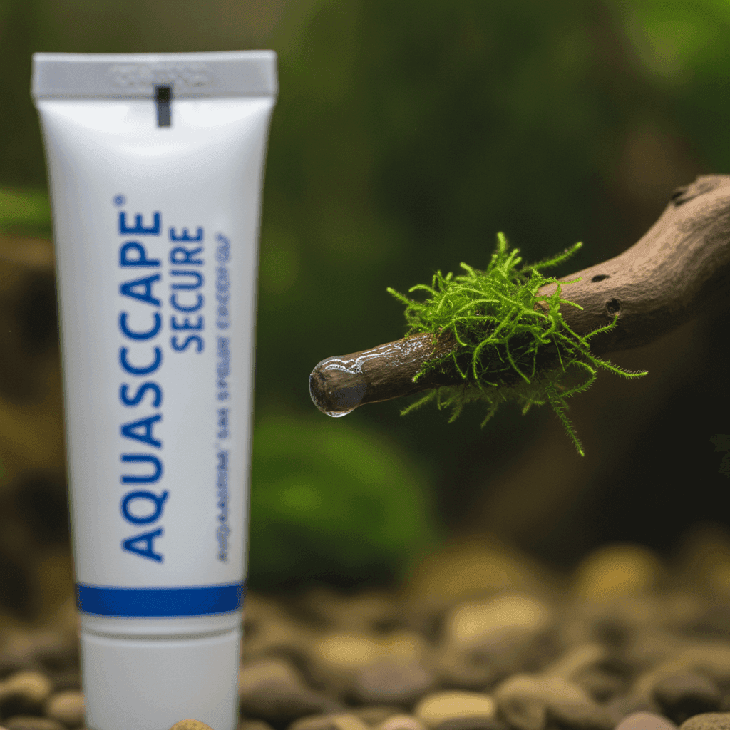 Close-up of aquarium-safe super glue on driftwood with moss, showcasing a strong bond against a blurred aquatic background.