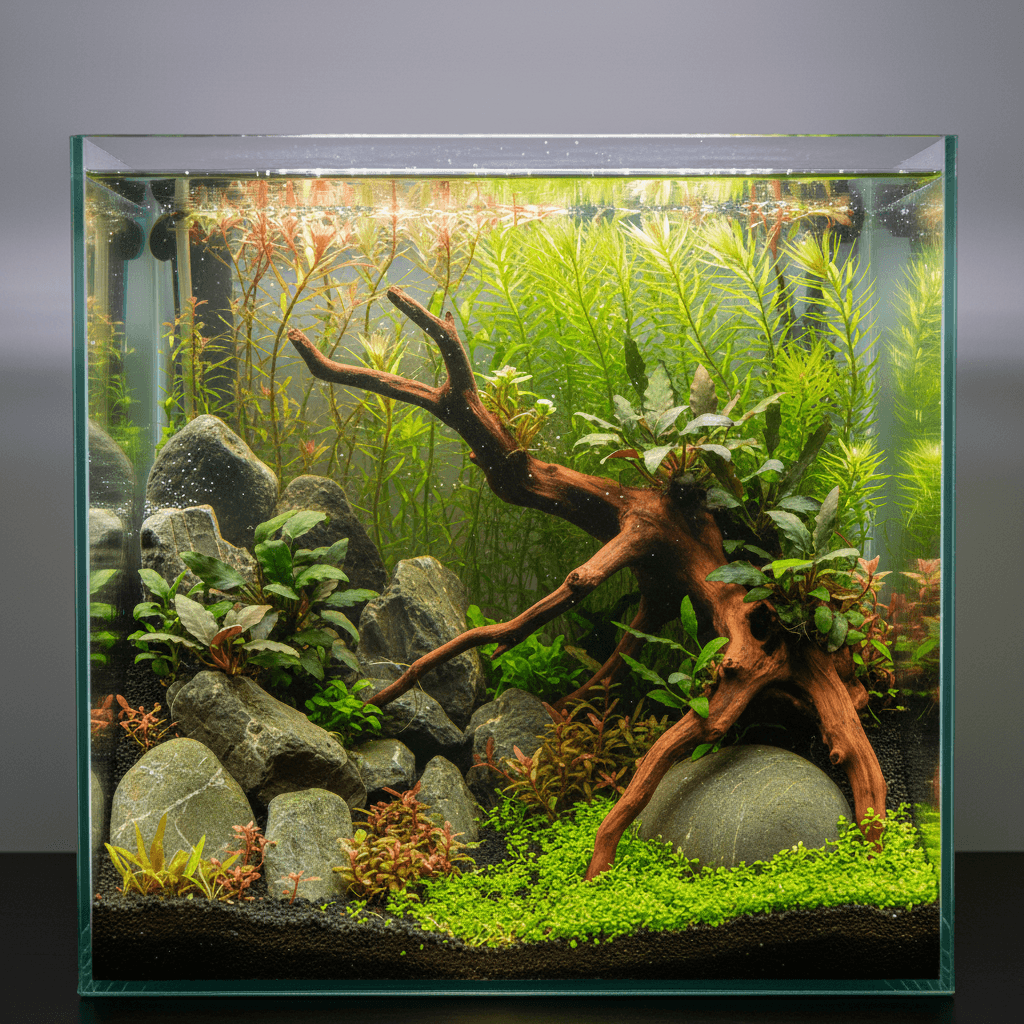 Aquarium showcasing aquascaping golden ratio: lush green plants, smooth rocks, and vibrant fish arranged harmoniously.