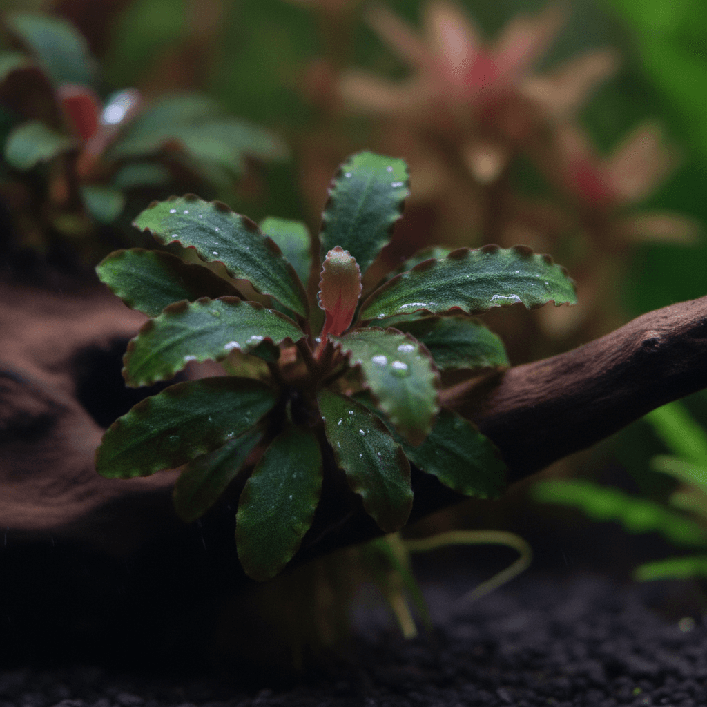 Macro shot of vibrant bucephalandra leaves with intricate textures, water droplets, and a softly blurred background.