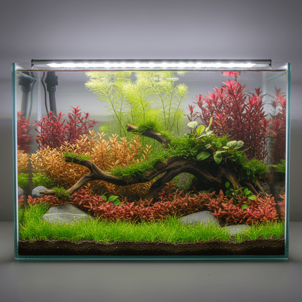 A vibrant Dutch aquascape with lush green plants and colorful fish swimming among intricately arranged aquatic foliage.