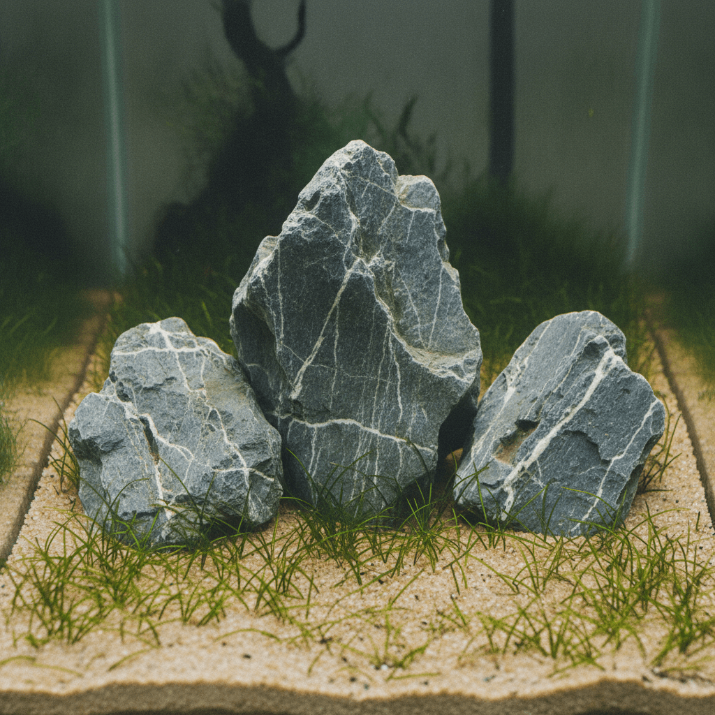 Close-up of angular Seiryu stones atop a sparse Eleocharis carpet, highlighting the minimalist design of Iwagumi aquariums.