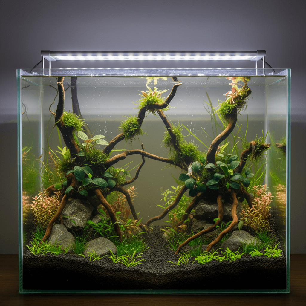 A ryoboku aquascape with lush green plants, twisted driftwood, and small colorful fish swimming in a clear aquarium.