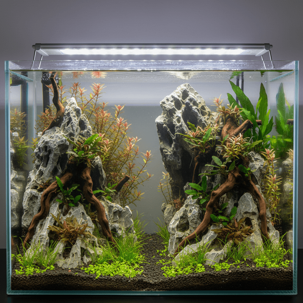 Aquarium with lush green plants and seiryu stone, which raises KH, creating a textured focal point amid colorful fish.