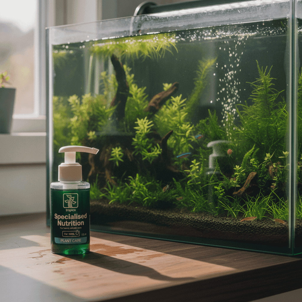 Un acuario exuberante con plantas verdes vibrantes muestra una comparación de los resultados de fertilización con Tropica Specialized vs Premium.