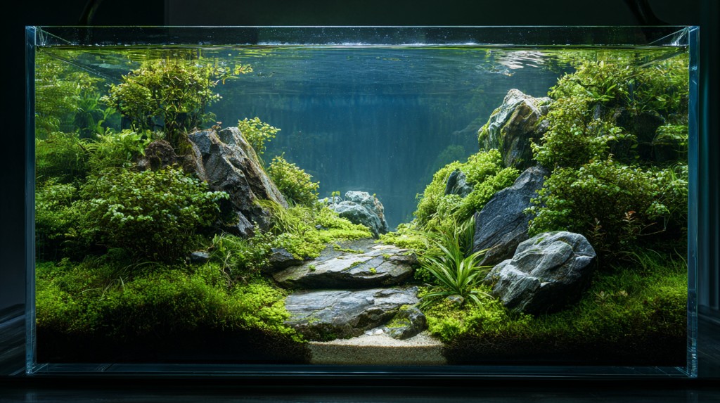 Lush freshwater aquascape with valley layout, green carpet plants, rocks and clear water