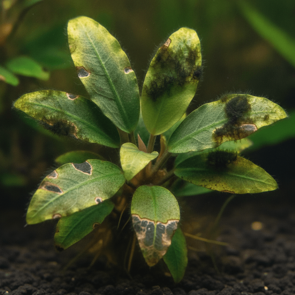 Close-up of Anubias Nana leaves displaying rhizome rot and algae growth, highlighting texture and color variations amid a blu
