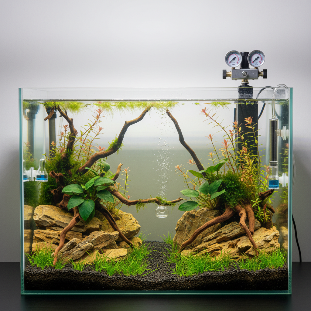 A vibrant aquarium with colorful fish swimming among plants; an aquarium CO2 system is visible along the tank's right side.