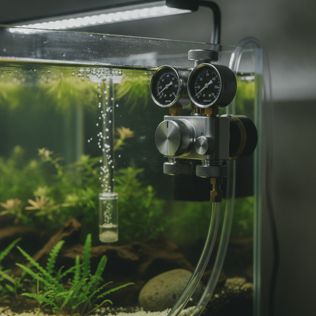 Close-up of a CO2 regulator on an aquarium, highlighting the pressure gauge and adjustment knobs for optimal plant growth.