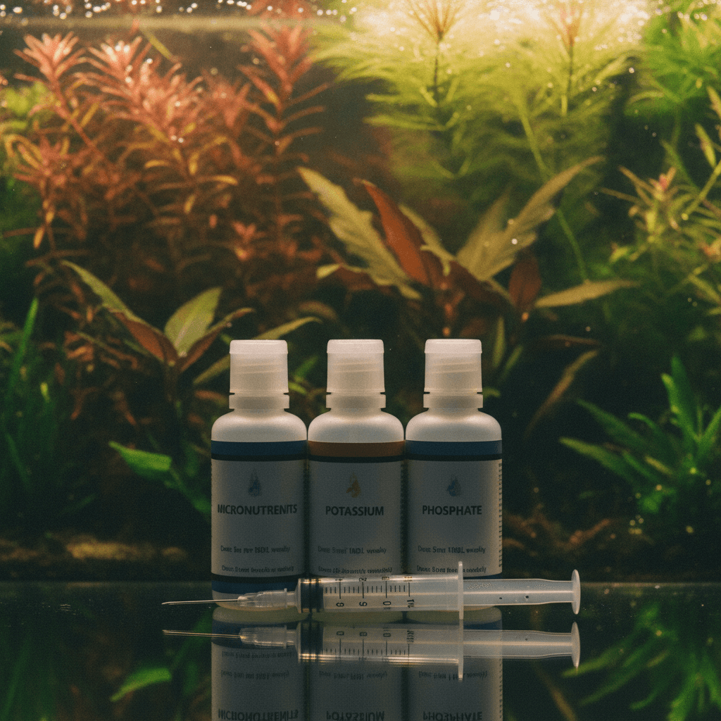 Close-up of aquarium fertilizer bottles with clear labels and a dosing syringe, set against vibrant aquatic plants in soft fo