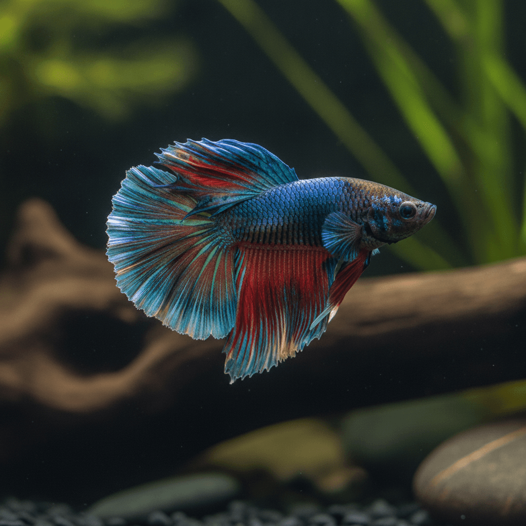 Close-up of a vibrant Betta fish with flowing fins and iridescent scales, highlighting its beauty and peaceful temperament in