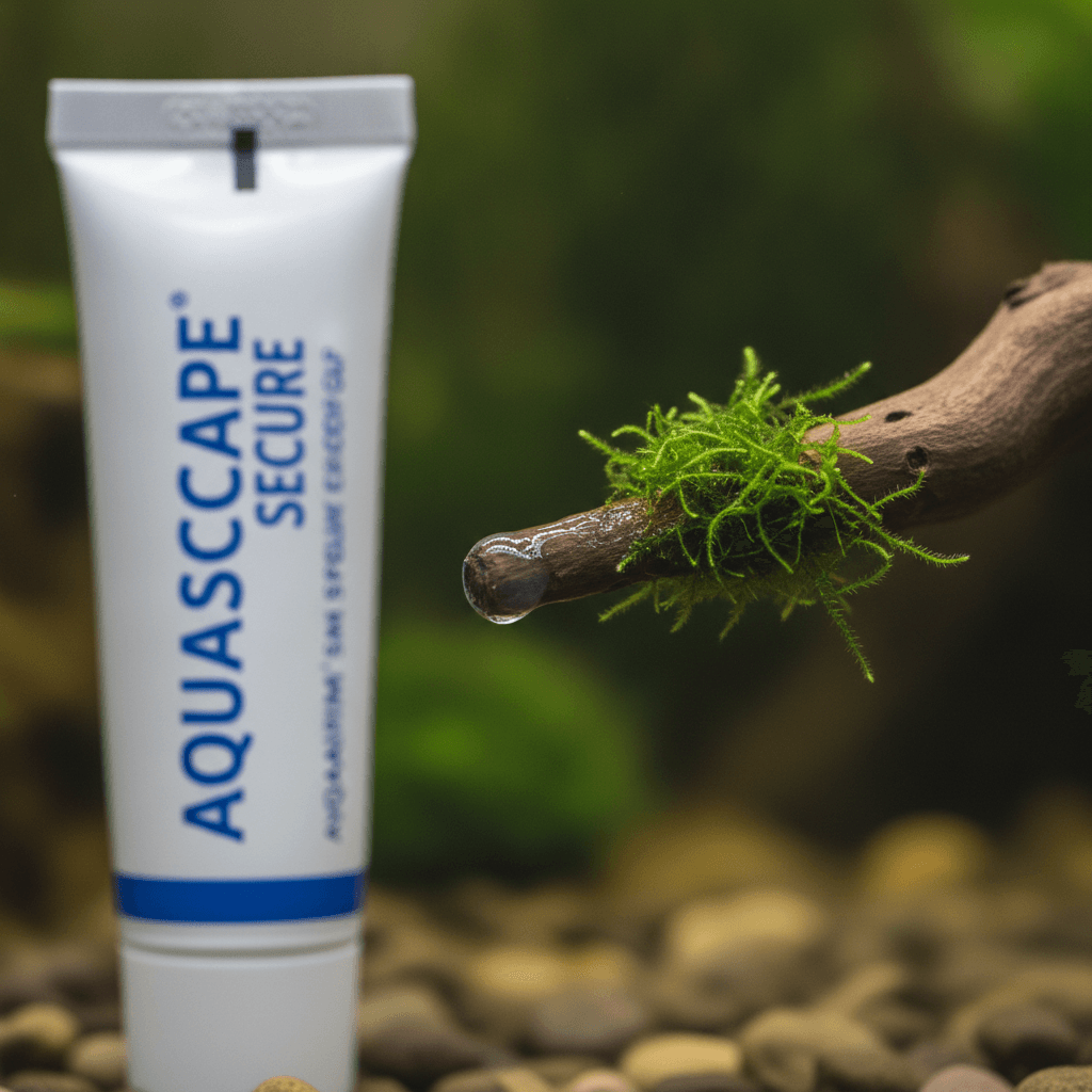 Close-up of aquarium-safe super glue on driftwood with moss, showcasing a strong bond against a blurred aquatic background.