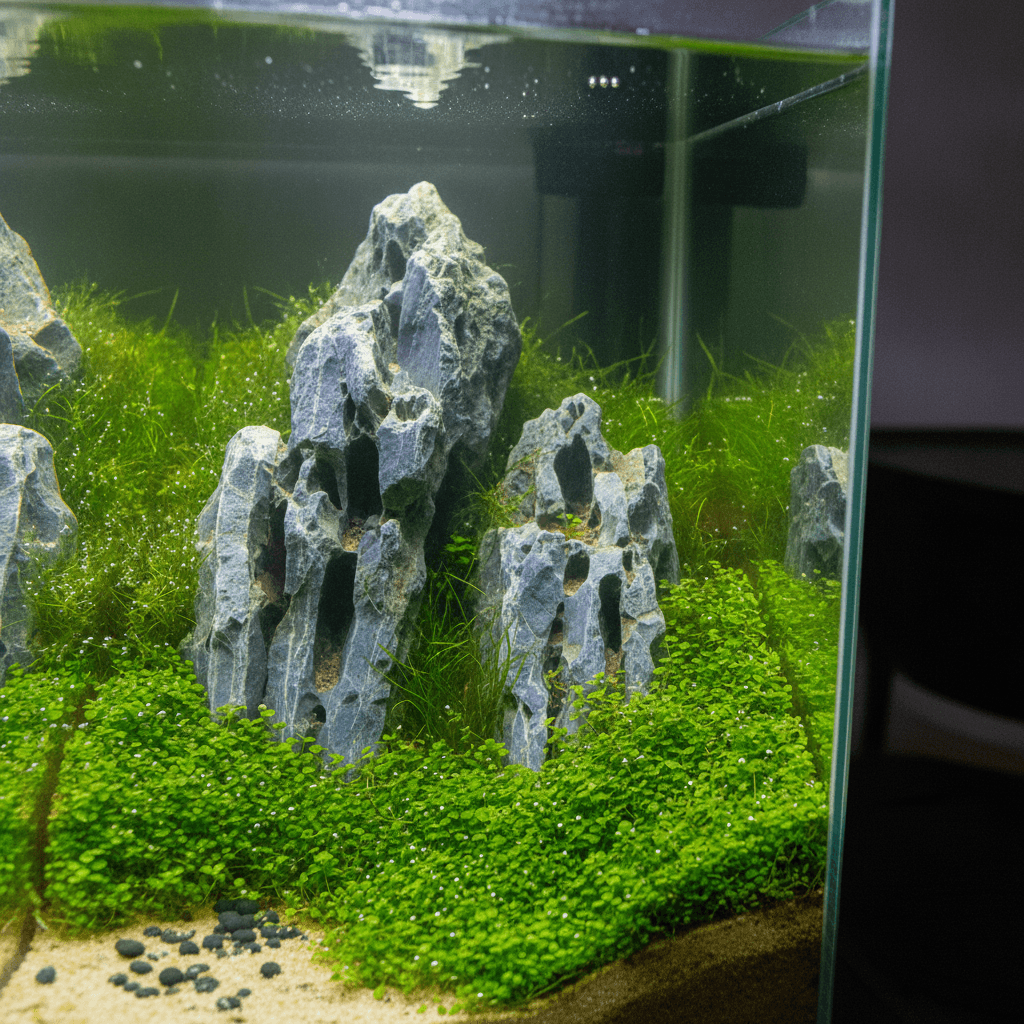 Close-up of a stunning iwagumi layout with seiryu stones and lush Hemianthus callitrichoides carpeting the substrate.