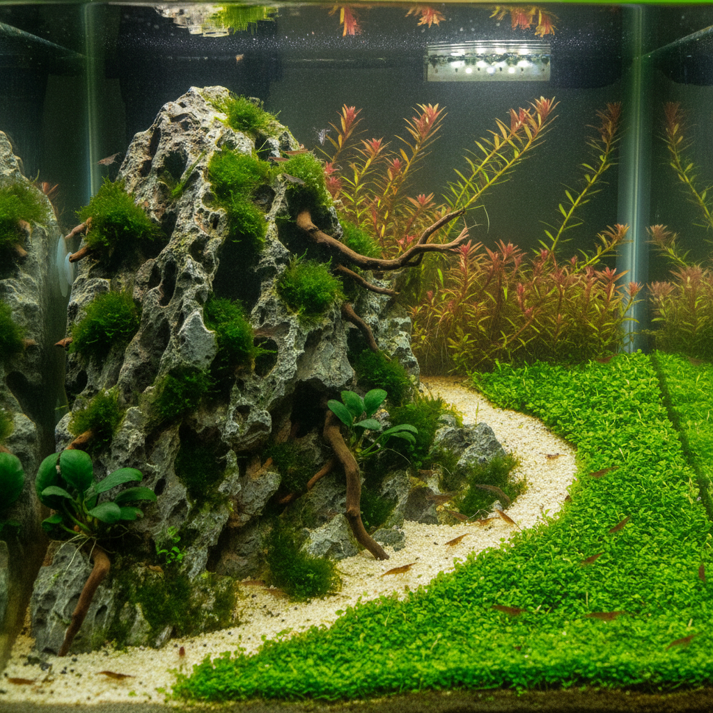 Close-up of a stunning underwater scene with vibrant plants and a striking rock formation, illustrating Golden Ratio principl