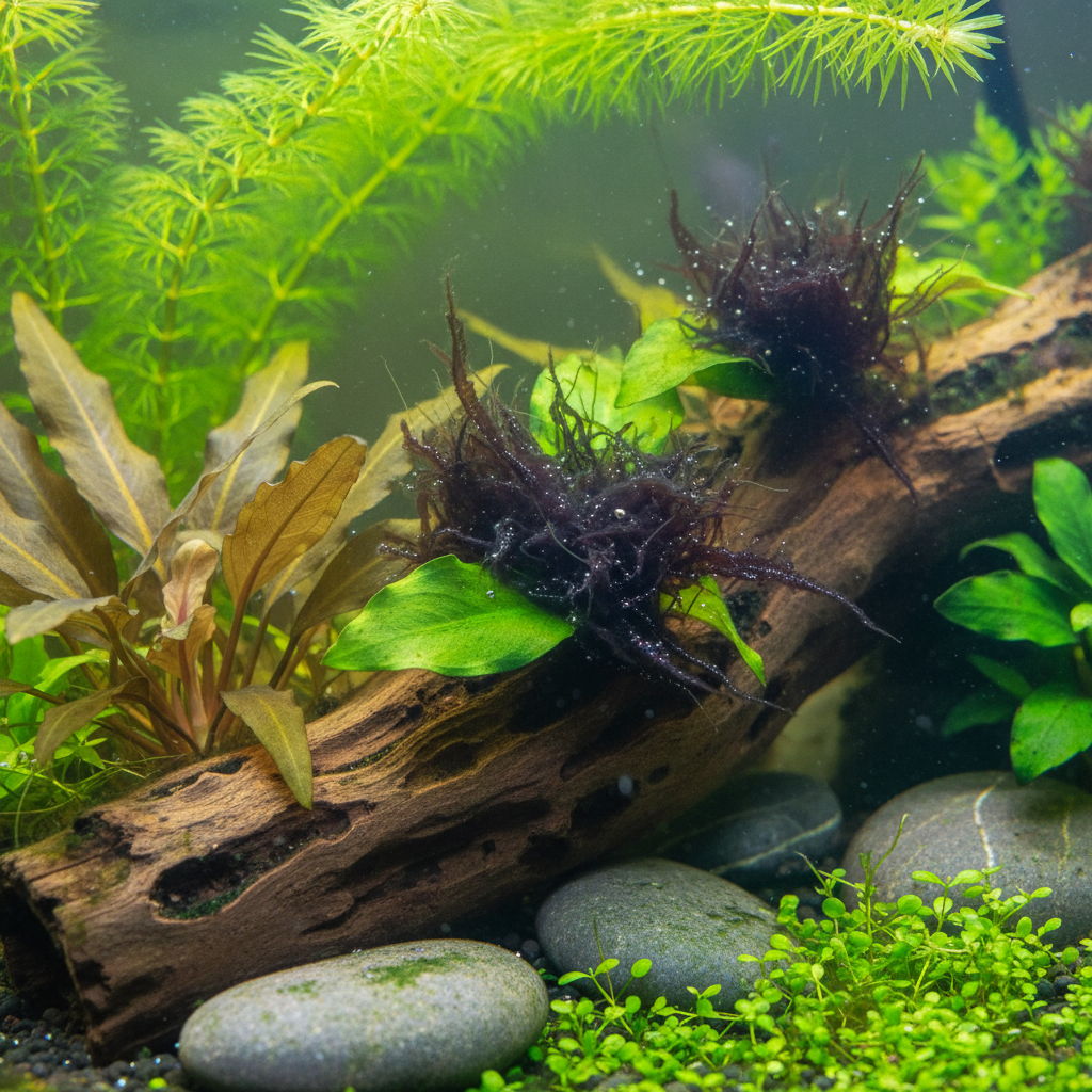 A vibrant aquarium with colorful fish swimming among plants. Black beard algae is visibly growing on rocks and decorations.