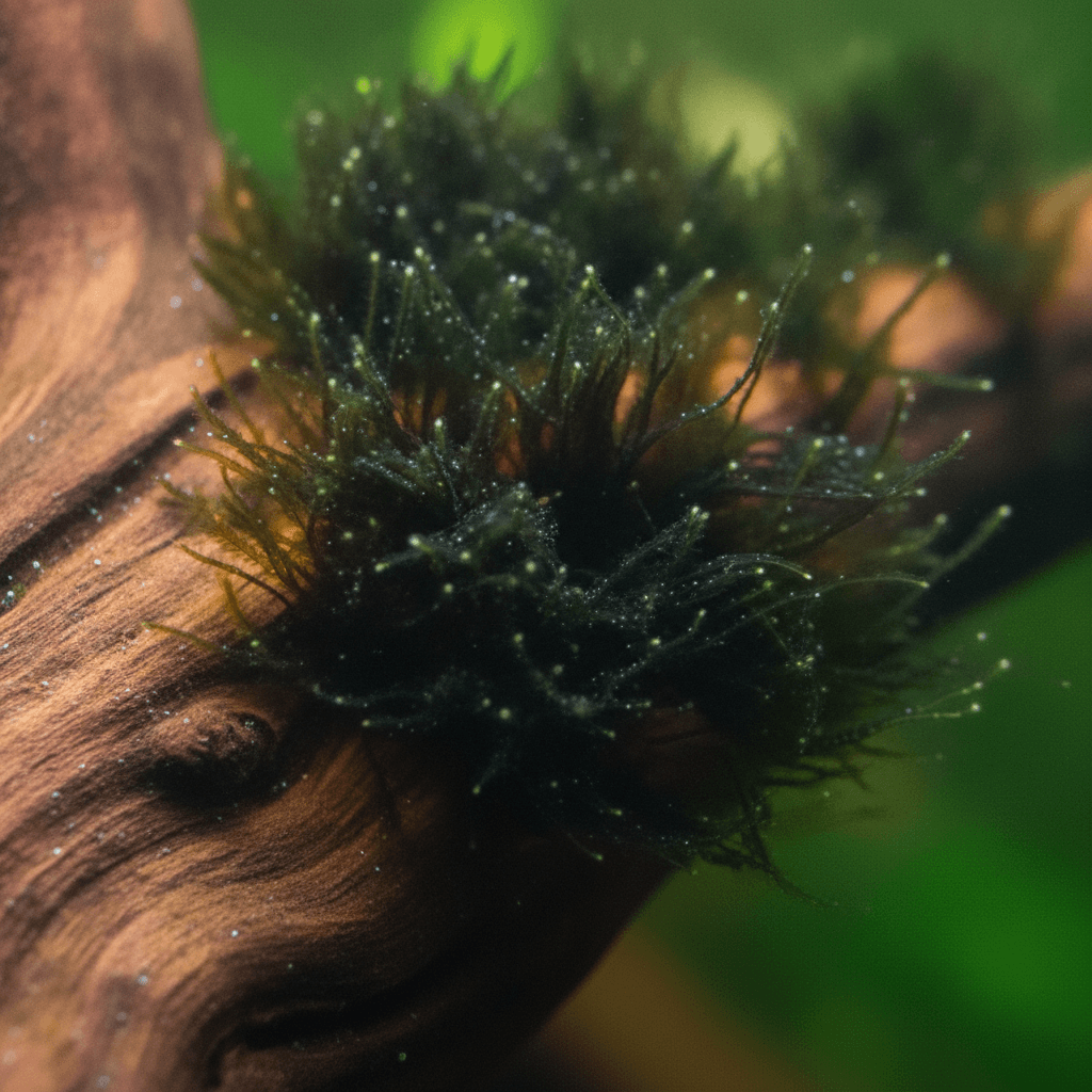 Close-up of black beard algae on driftwood, showcasing its fibrous texture and dark green-black color against natural wood.