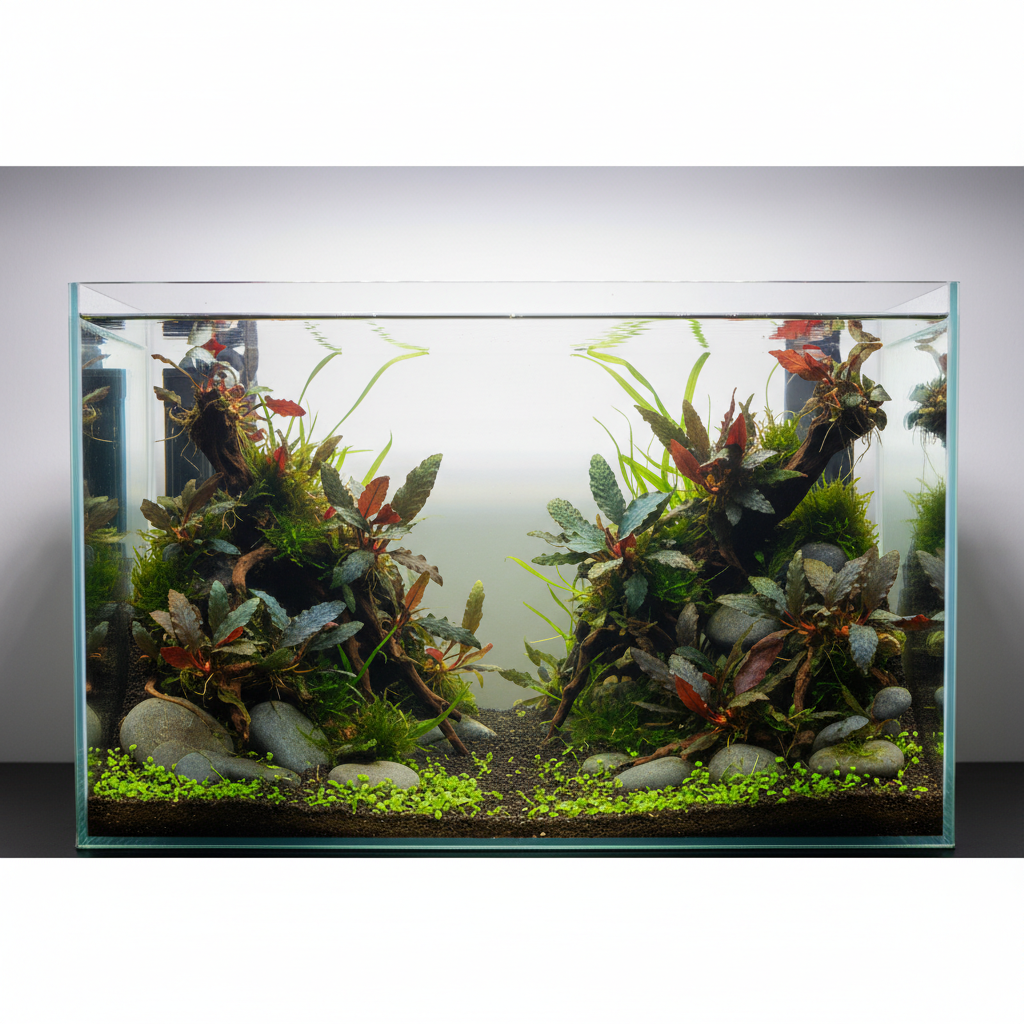 A lush aquarium with colorful fish swimming among rocks and green plants. Research bucephalandra care for vibrant aquatic flo