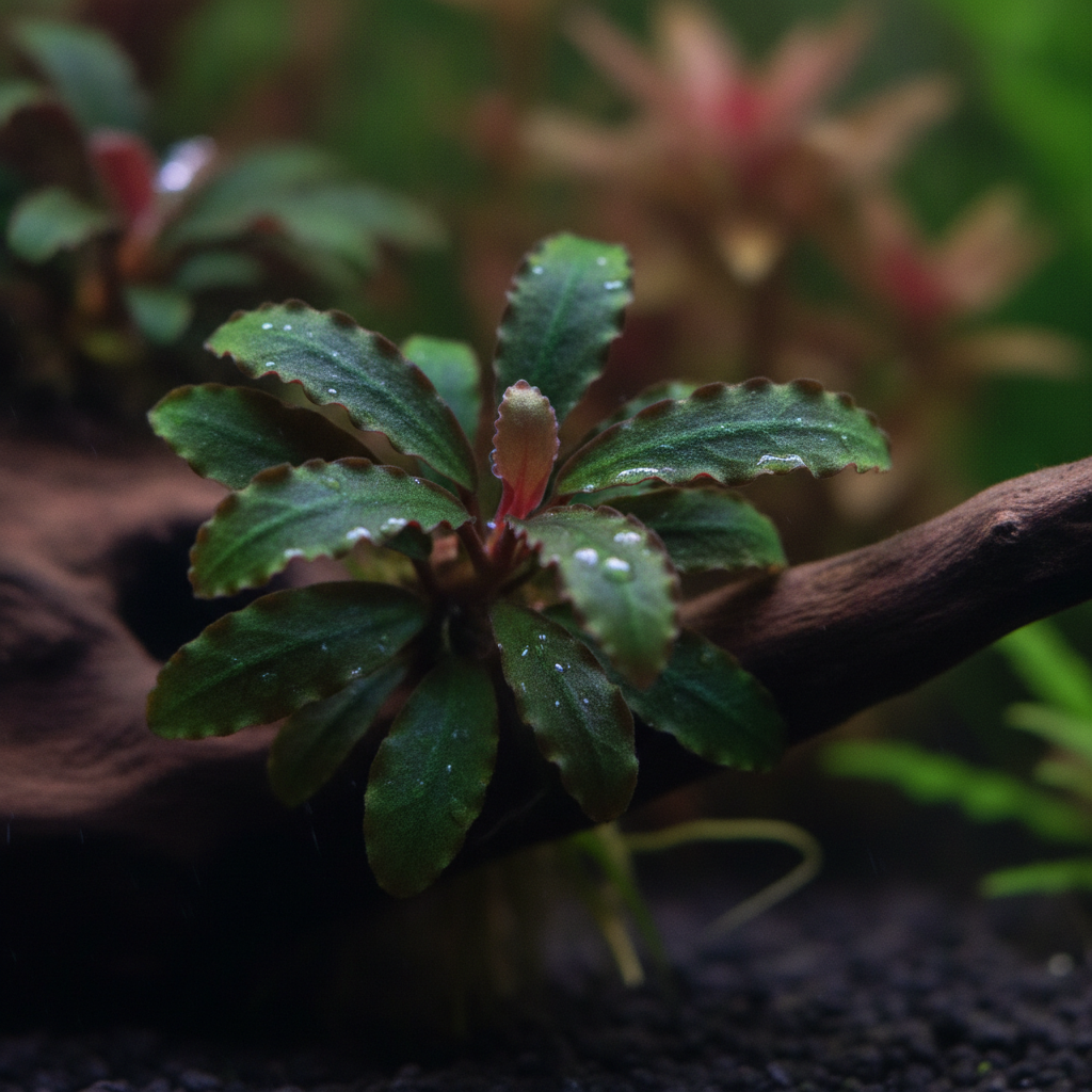 Macro shot of vibrant bucephalandra leaves with intricate textures, water droplets, and a softly blurred background.