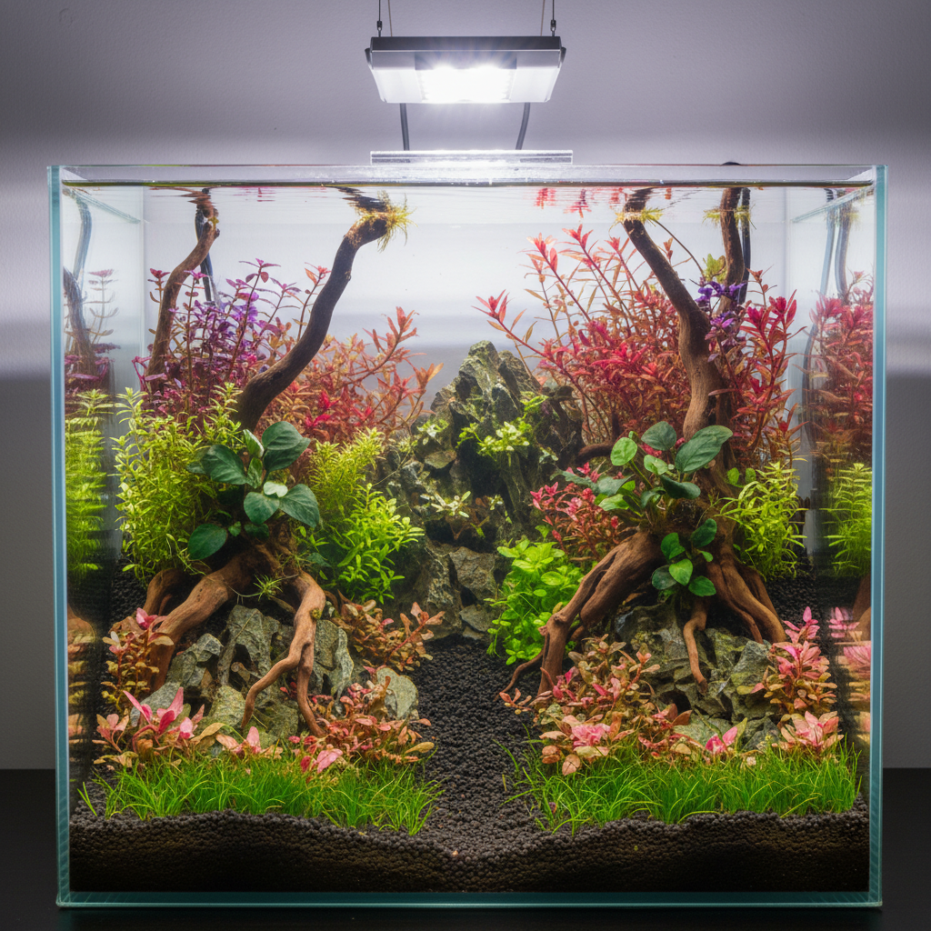 A vibrant aquarium filled with colorful fish and lush aquatic plants, illuminated by the Chihiros WRGB II LED light.