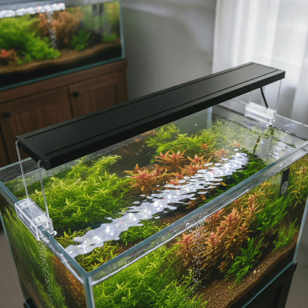 Elevated view of the Chihiros WRGB II settings illuminating a rimless planted tank, showcasing vibrant plants and water refle