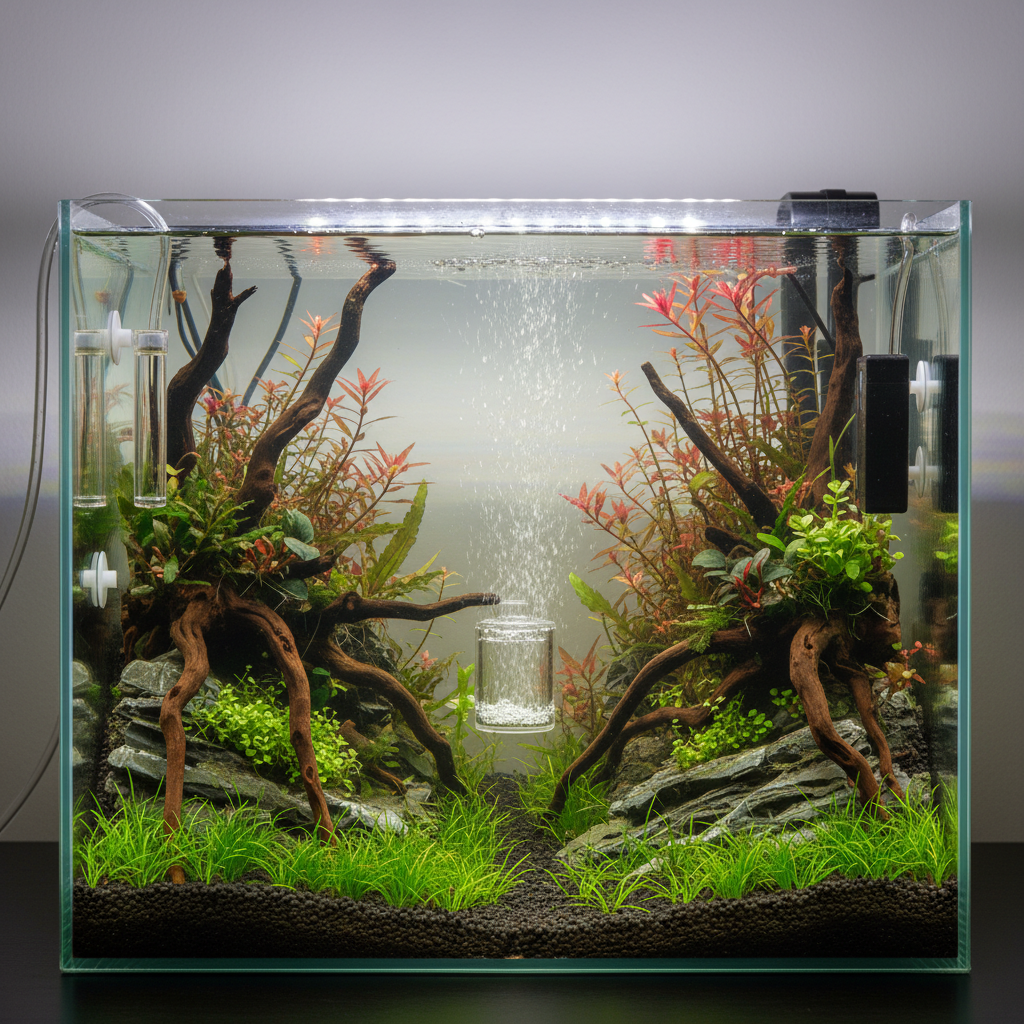 An aquarium showcases vibrant plants and fish. A CO2 diffuser vs reactor comparison is highlighted in the equipment setup.