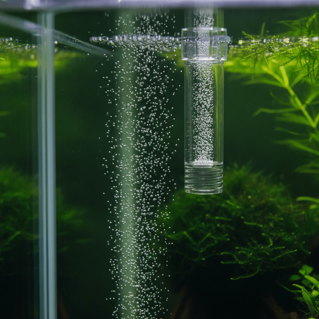 Close-up of a sleek inline CO2 diffuser on a glass aquarium, with bubbles diffusing into clear water, enhancing plant growth.