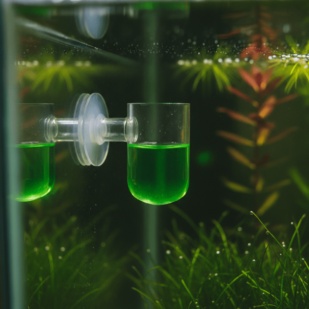 Close-up of a 4 dKH drop checker in an aquarium, showing optimal green liquid color, reflecting water and plants behind it.