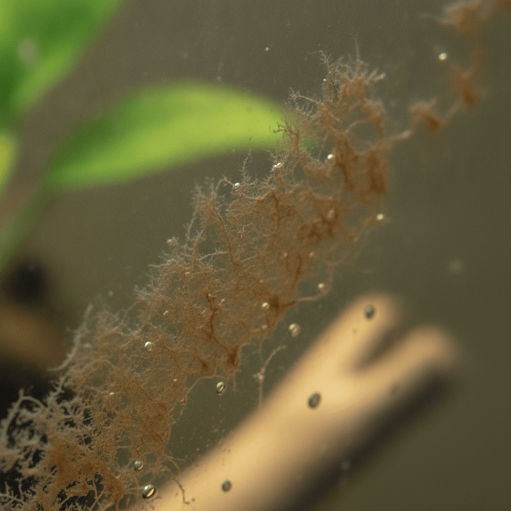 Close-up of brown diatom algae on aquarium glass, highlighting its dusty texture and depth, central to managing diatom growth